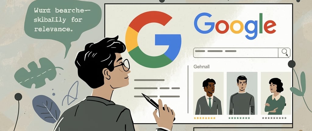 Um homem de terno e gravata aponta para uma pesquisa do Google.