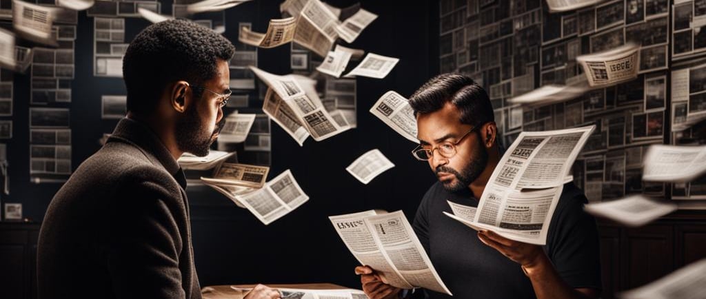 two men sitting at a table with papers flying out of them