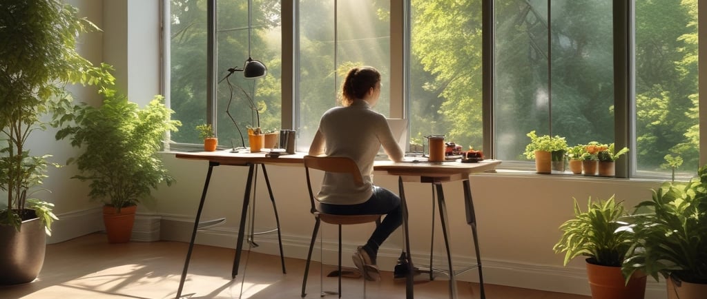 A vibrant, inviting workspace with a laptop displaying the Health Intelligence website, surrounded by wellness products like supplements and fitness gear.