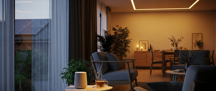 Sala moderna ao entardecer com iluminação inteligente, assistente virtual, plantas e painéis solares
