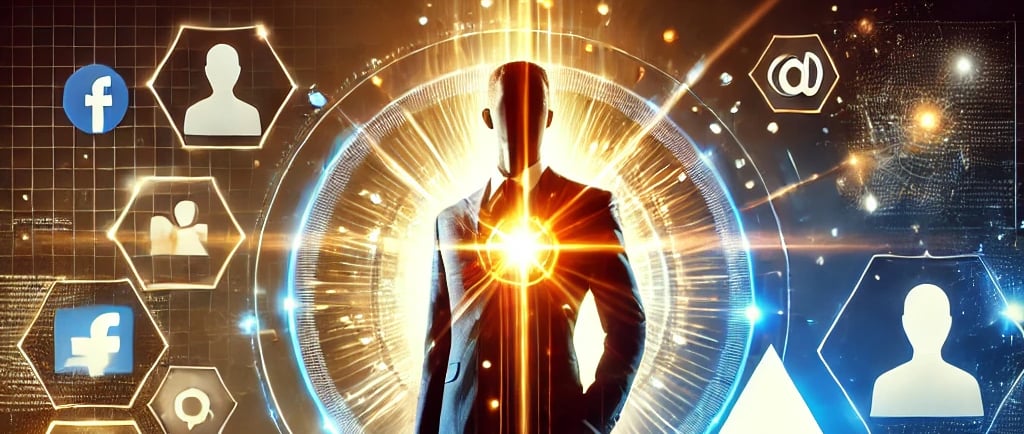 a man in a suit and tie is standing in front of a digital image of