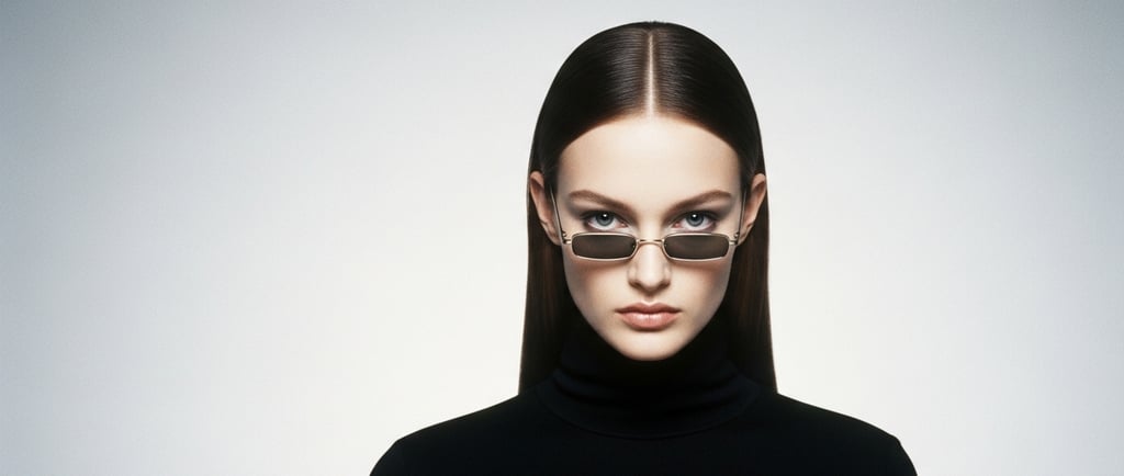 Modelo con lentes pequeños rectangulares estilo años 90 minimalista, contraste con era oversize.