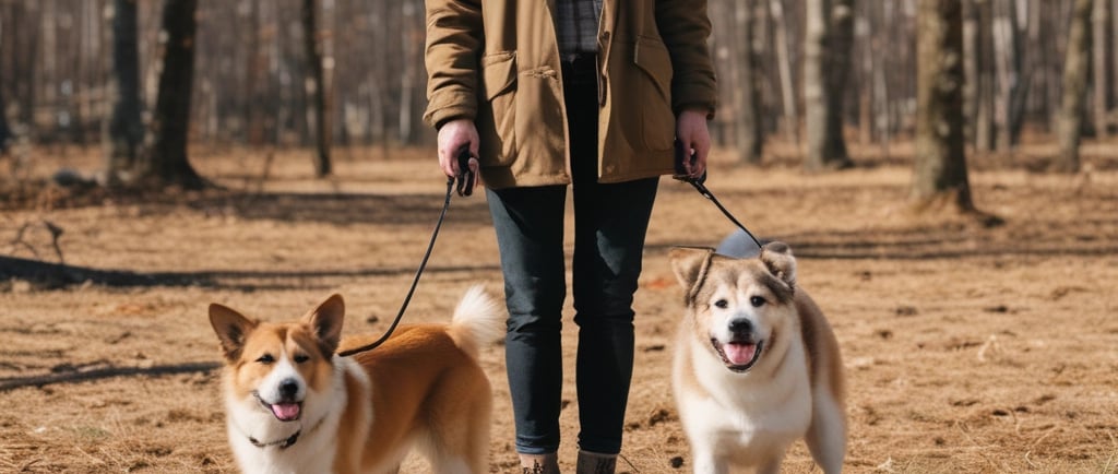 a man standing next to a dog on a leash