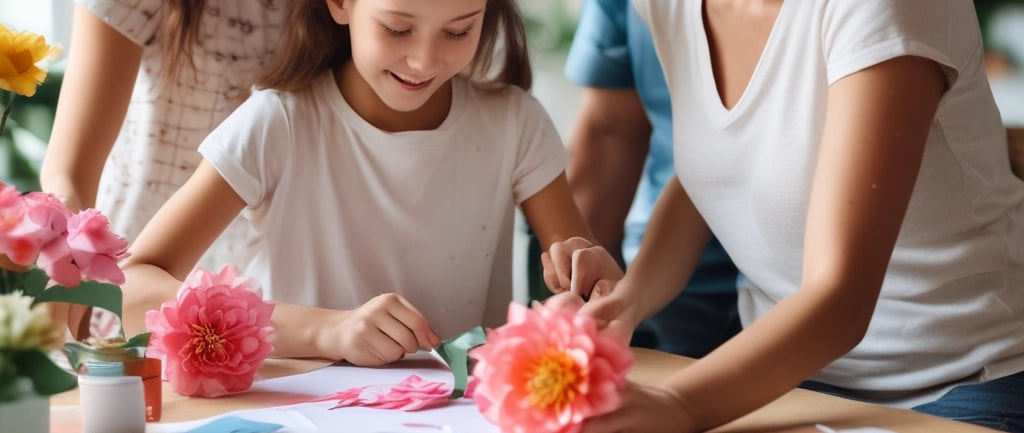 happy family making paper flowers on table