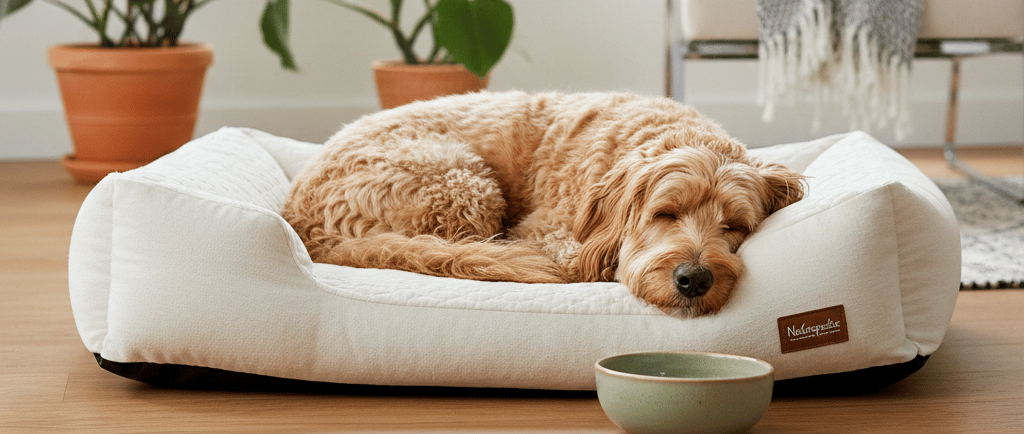 Golden doodle sleeping in a non-toxic organic cotton pet bed