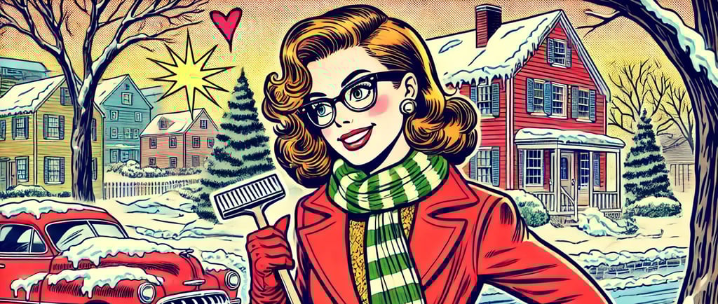 a woman in a red coat and a red car