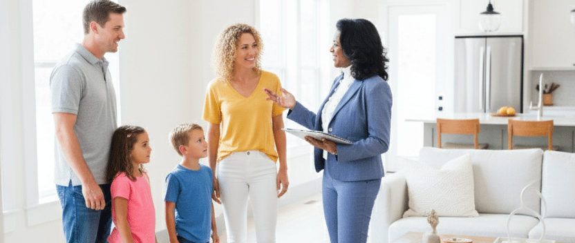 a family standing in a living room with a baby in the middle of the room