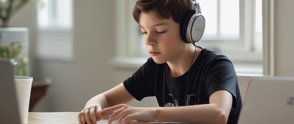 Niño de entre 8-10 años con auriclares puestos y escribiendo en el laptop