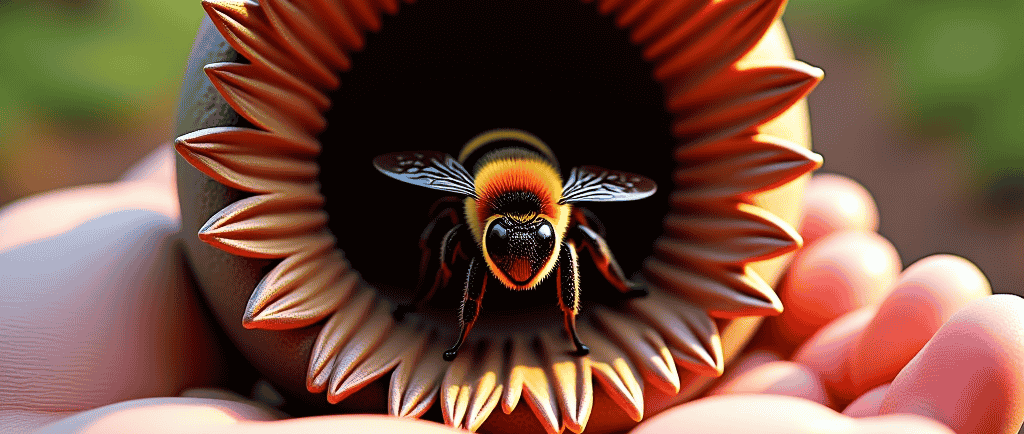 A little bee in a flower in a hand alveystarr.com