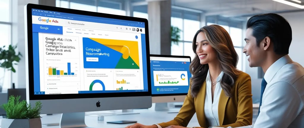 Mujer y hombre trabajando juntos en una oficina moderna, observando pantallas de computadoras con análisis de Google Ads.