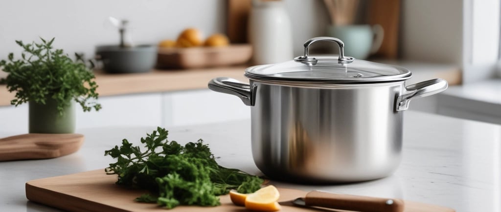 Non-toxic kitchen swaps 2026: stainless steel pot and wooden cutting board