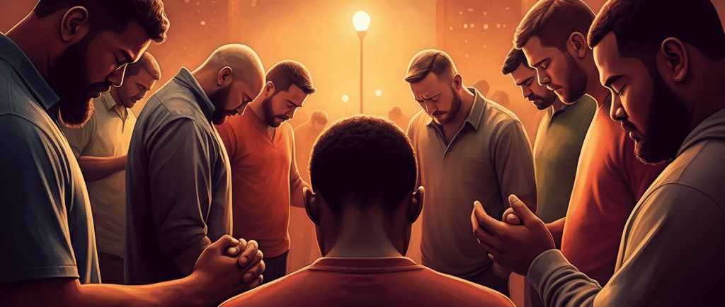 a group of men standing around a man in a city