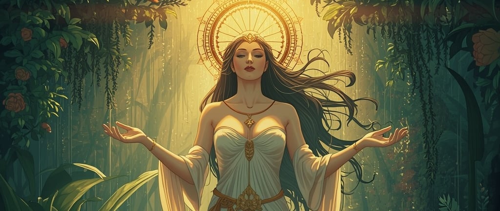 uma mulher de vestido branco em pé numa floresta