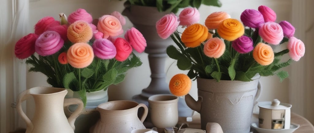 multi colored felt flowers on display in home