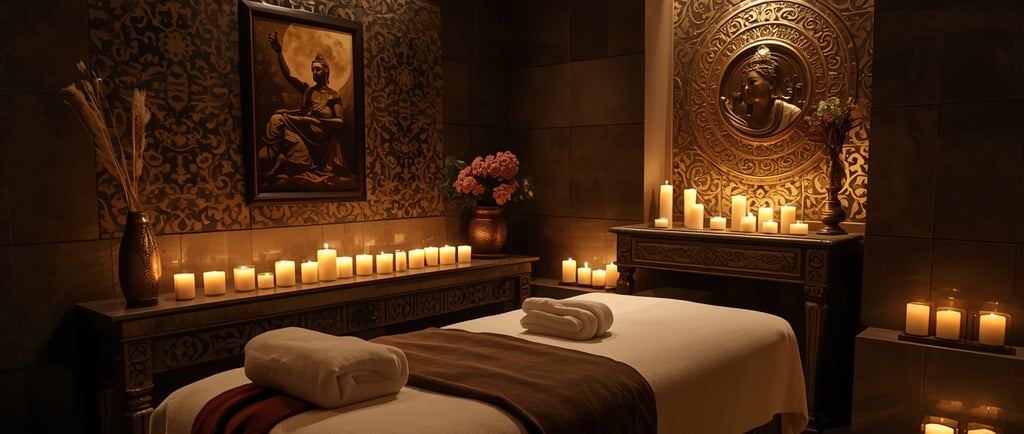 a massage room with candles and candles