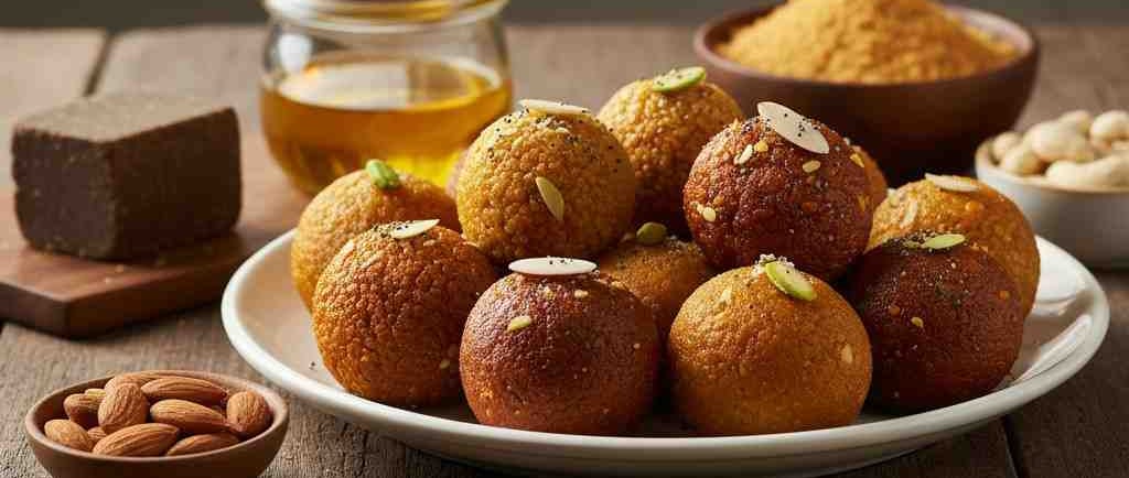 Close-up of traditional Indian laddus made with Desi Ghee and natural Jaggery, placed appealingly to represent the five key h
