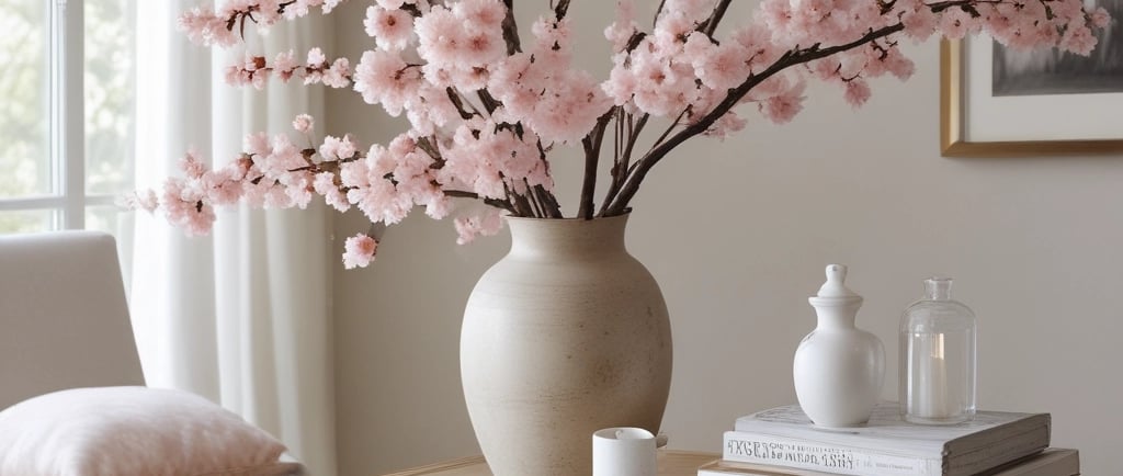 beautiful artificial cherry blossoms on table near books