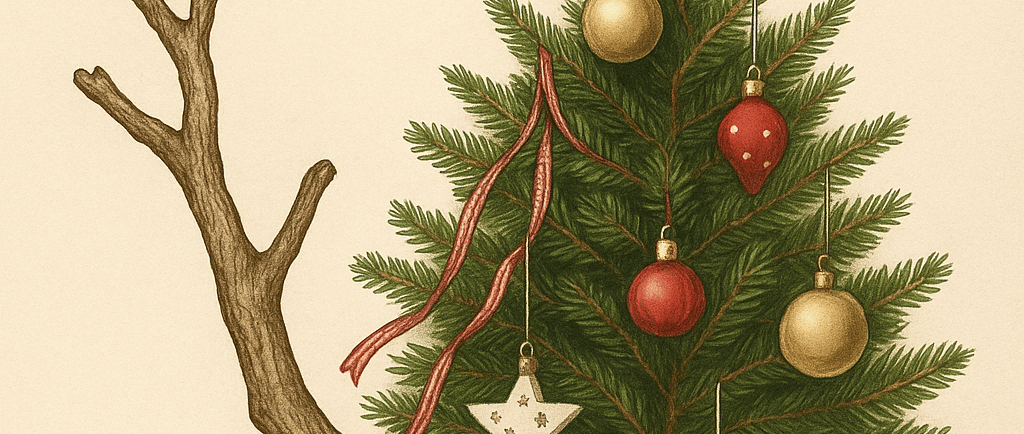 a christmas tree with ornaments and ornamen and a bleechh branchts on it