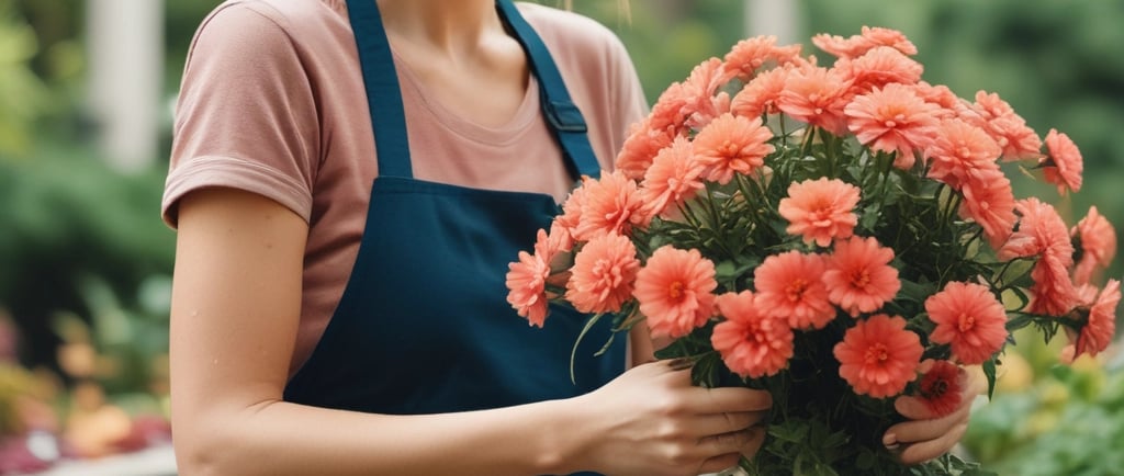 woman holding a bunch of peach flowers