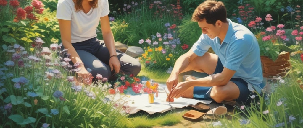man and woman in garden sat down making flower paintings