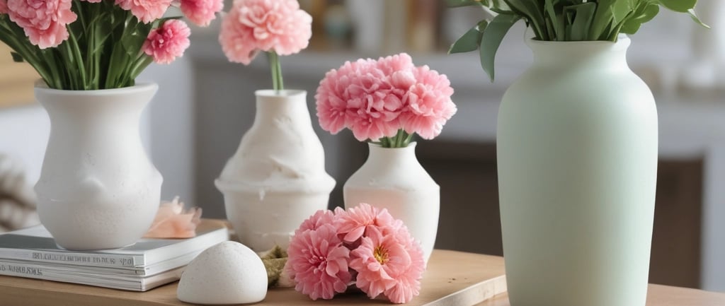 pink flowers on kitchen surface in white pots
