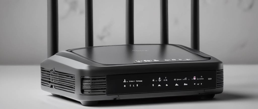 A cozy home office setup with a laptop, a cup of coffee, and a stable Wi-Fi router in the background.