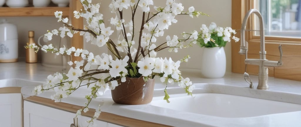 white cherry blossoms in kitchen in ceramic pot