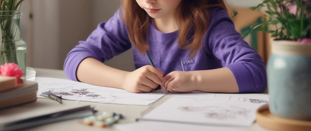 young girl looking at her flower artwork