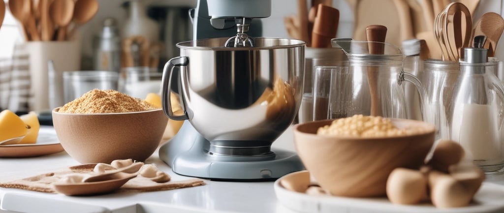Kitchen with bowls and mixer.