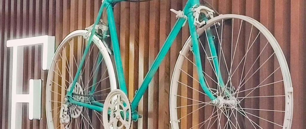 bicicletta verde appesa al muro di legno