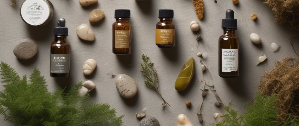 A serene flat lay of natural skincare products on a soft beige linen cloth, surrounded by dried eucalyptus and a warm candle.