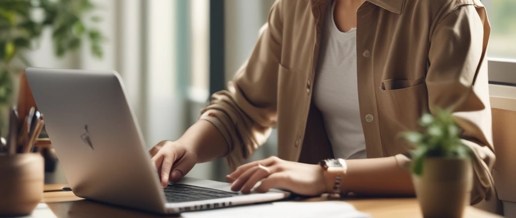 a woman sitting at a desk with a laptop