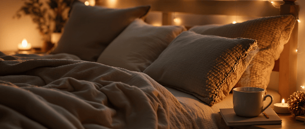 Dimly lit bedroom nightstand with a cup of tea, journal, and lit candles, creating a cozy sleep-read