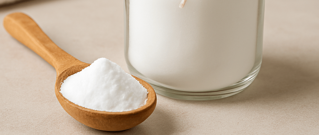 Tarro de bicarbonato y cuchara de madera sobre fondo neutro 