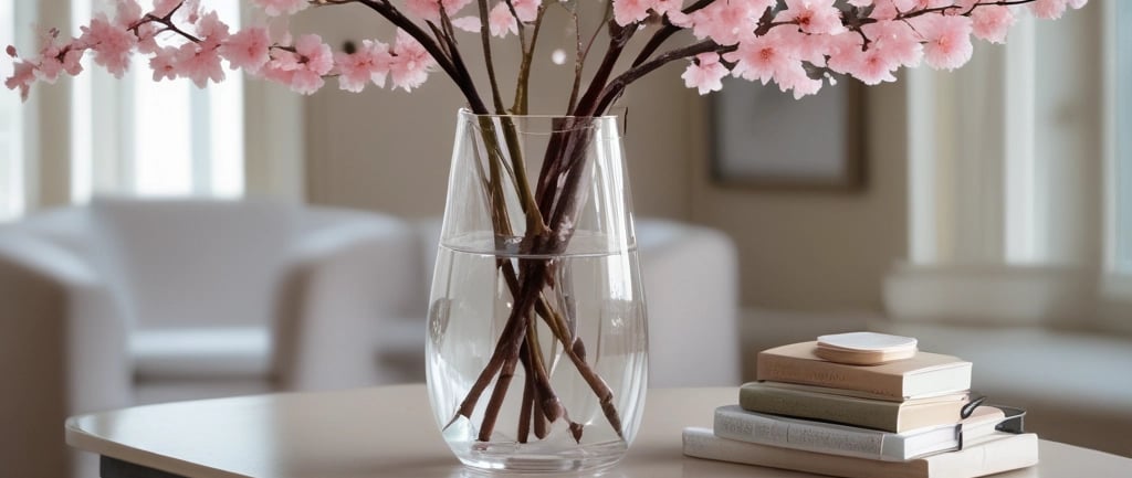artificial cherry blossoms in glass vase on table next to books