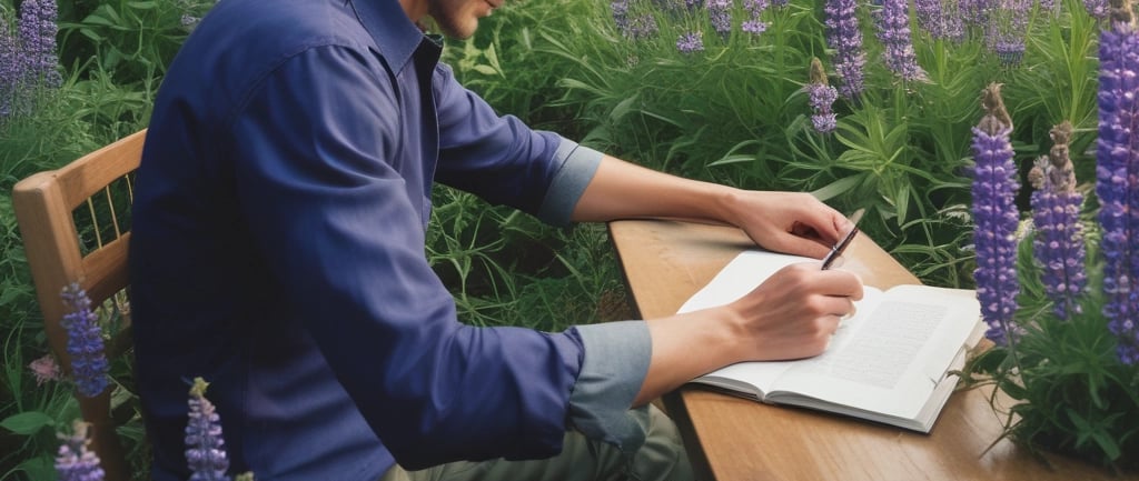 man sat writing amongst lupine flowers