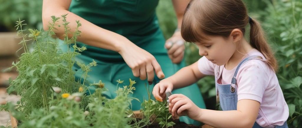 young girl gardening with mum
