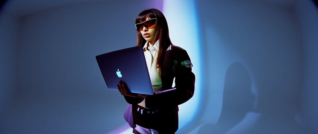 a woman in a suit and sunglasses holding a laptop