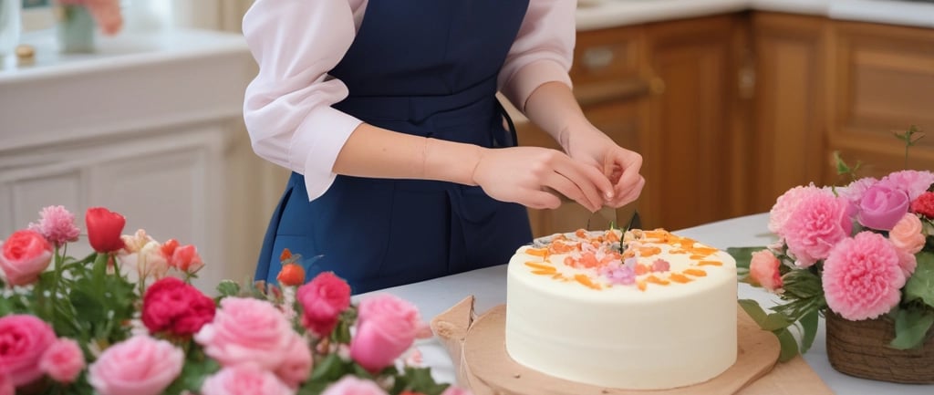 woman decorating a cake with drop flowers