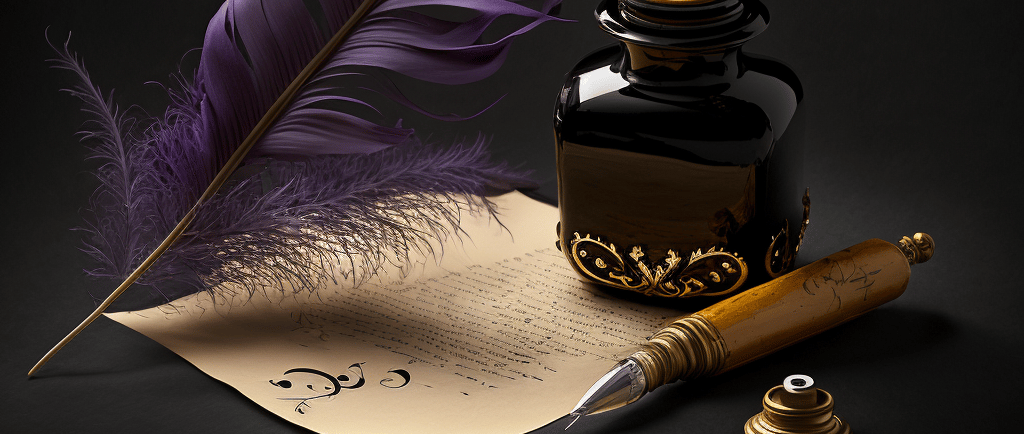 AI generated image of a purple quill, a black ink bottle, and a sheet of parchment with lines of text