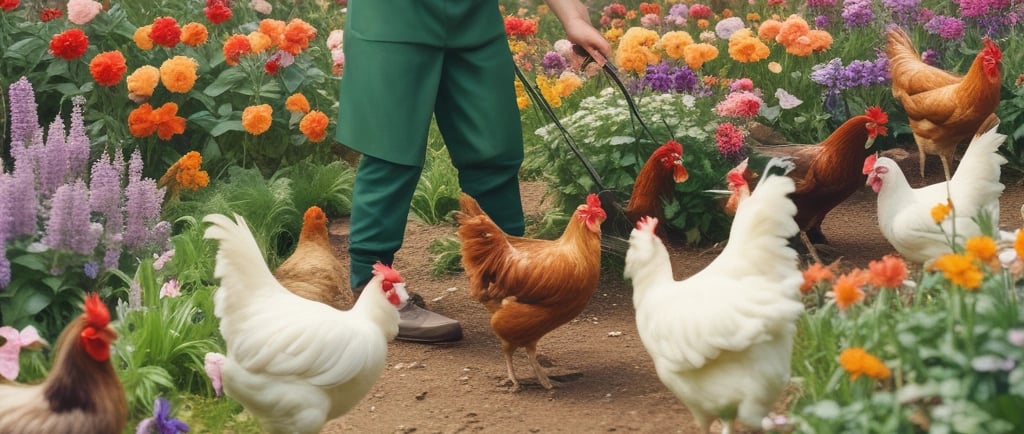man tending to chickens and garden