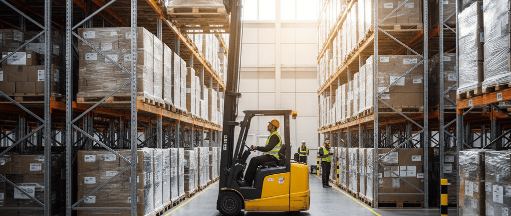 Un hombre en un montacargas dentro de un almacén en Guadalajara
