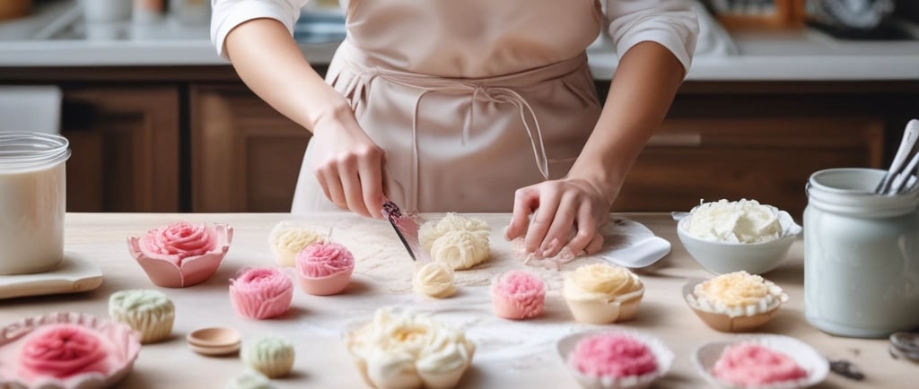 woman in kitchen making buttercream flowers