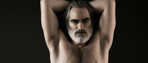 AI generated image of actor Joaquin Phoenix as an overweight, shirtless character with a long grey beard
