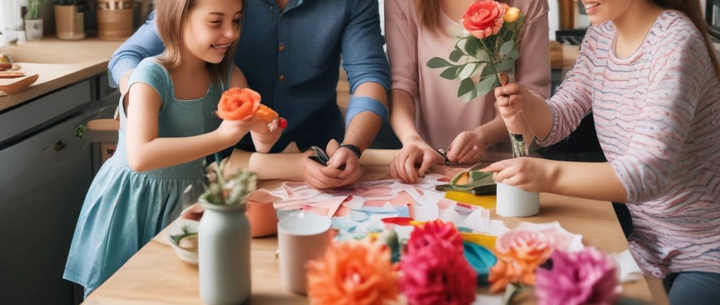 happy family making paper flowers on kitchen table