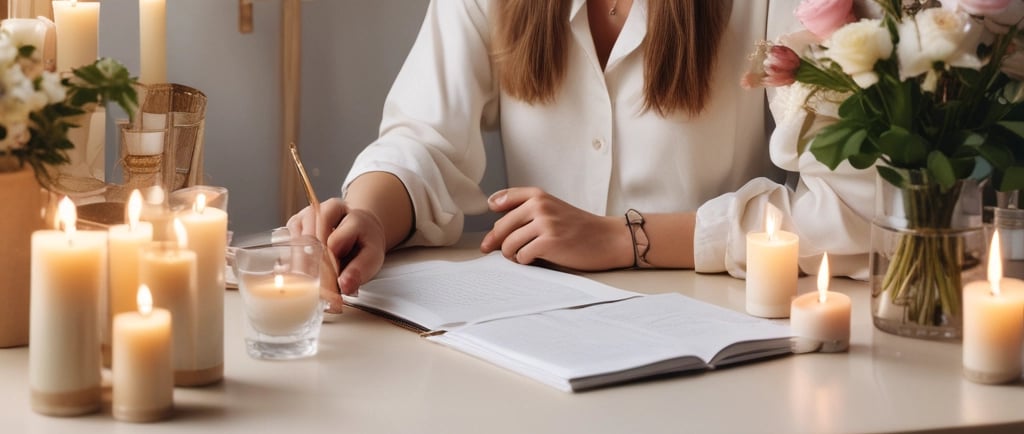 young woman at desk surrounded by scented candles writing in notepad