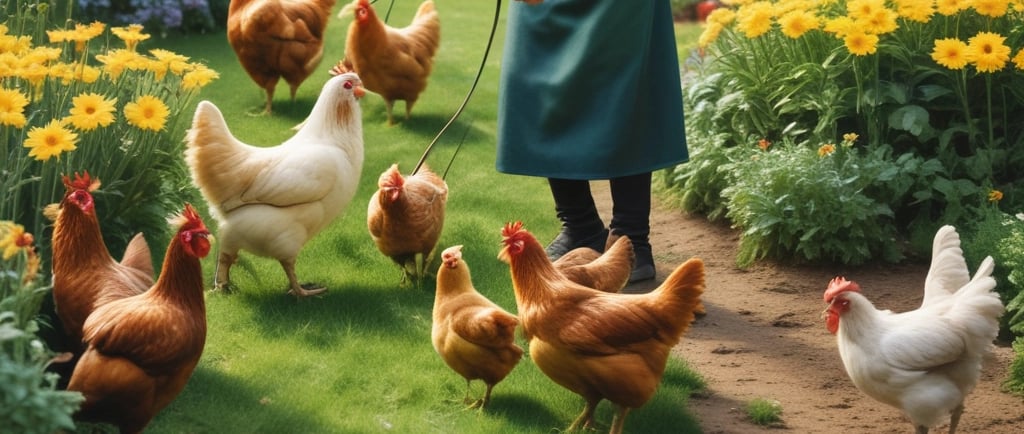 happy chickens roaming in garden with woman gardener