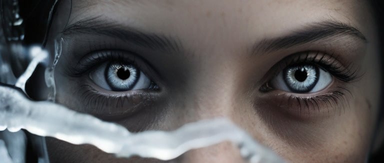 mujer con ojo de hielo mira fijamente