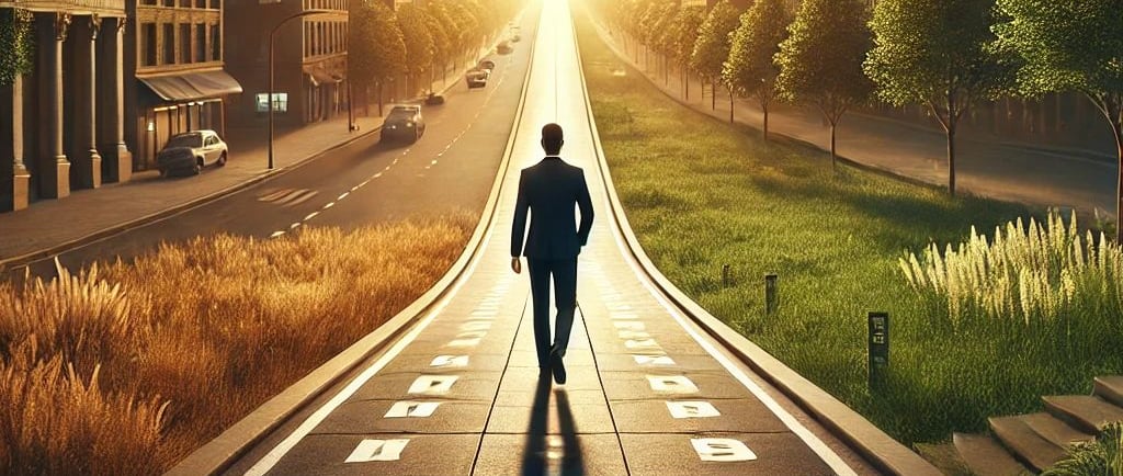 a man walking down a road with a long road leading to a city