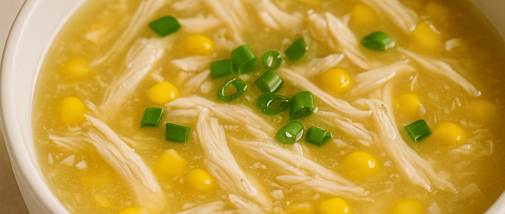 Chicken and corn soup in bowl